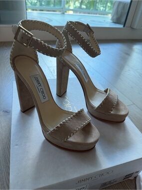 Jimmy Choo Holly Beige Suede Platform Sandals